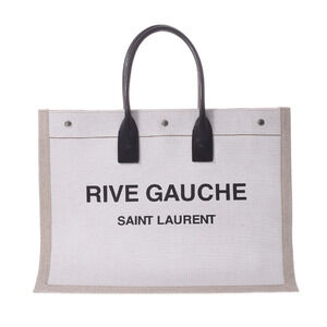 SAINT LAURENT Yves Rive Gauche Beige Tan Black Canvas Leather Tote Bag